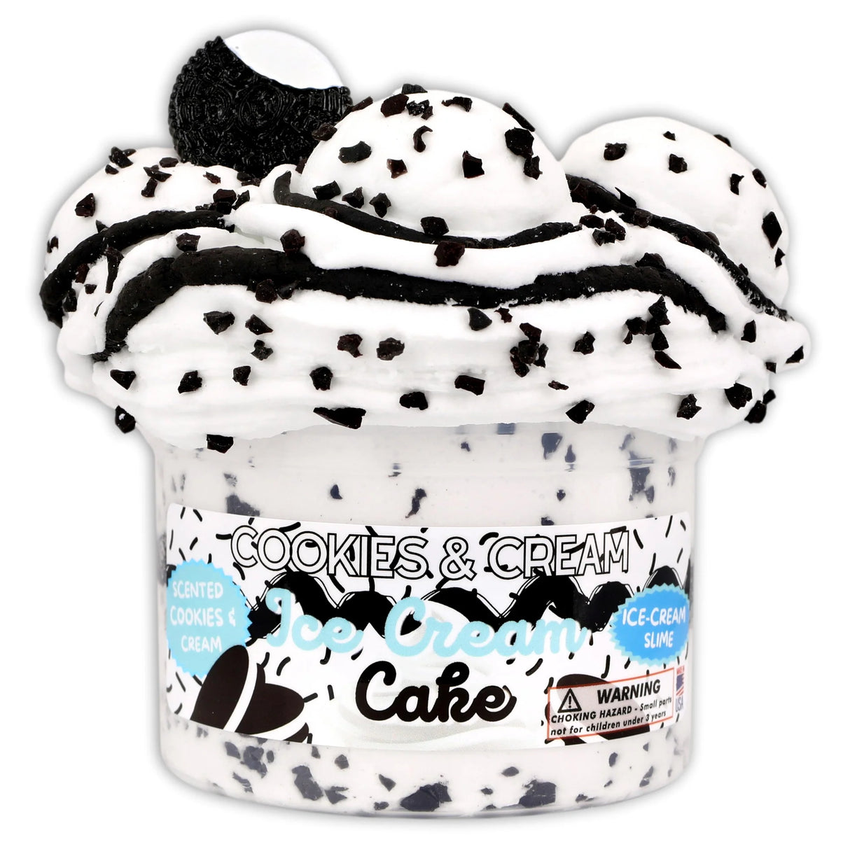 Cookies & cream scented tri-layered slime with black clay chunks and snow fizz center