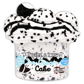 Cookies & cream scented tri-layered slime with black clay chunks and snow fizz center