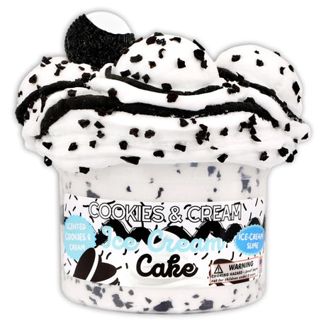Cookies & cream scented tri-layered slime with black clay chunks and snow fizz center