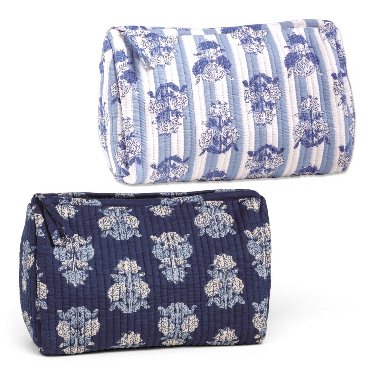 Quilted cotton block print cosmetic pouch with zipper closure in blue floral print for travel, makeup, and toiletry storage.