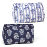 Quilted cotton block print cosmetic pouch with zipper closure in blue floral print for travel, makeup, and toiletry storage.