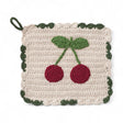 8-inch crocheted cotton pot holder with red cherry design and green scalloped trim