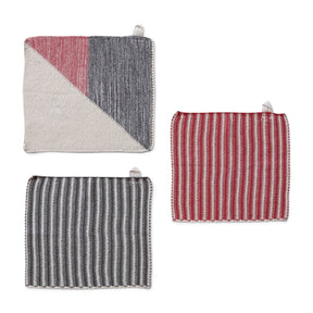 Three square cotton knit dish cloths with hanging loops, featuring red and white stripes, grey and white stripes, and a geometric pattern.