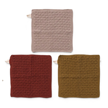 Cotton knit dish cloth set in rust, mustard, and oatmeal