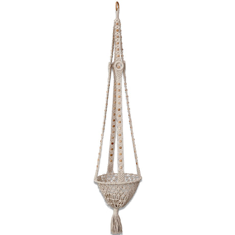 cotton macrame plant hanger with wood beads and tassel for boho indoor plant decor