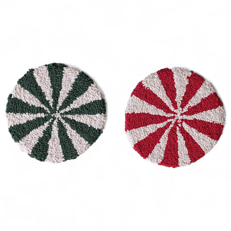 8" round cotton tufted candy stripe trivet in red or green