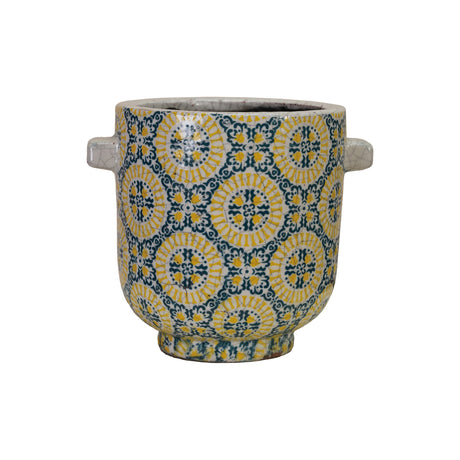 blue and yellow tile pattern crackle glaze terracotta planter by Creative Co-Op