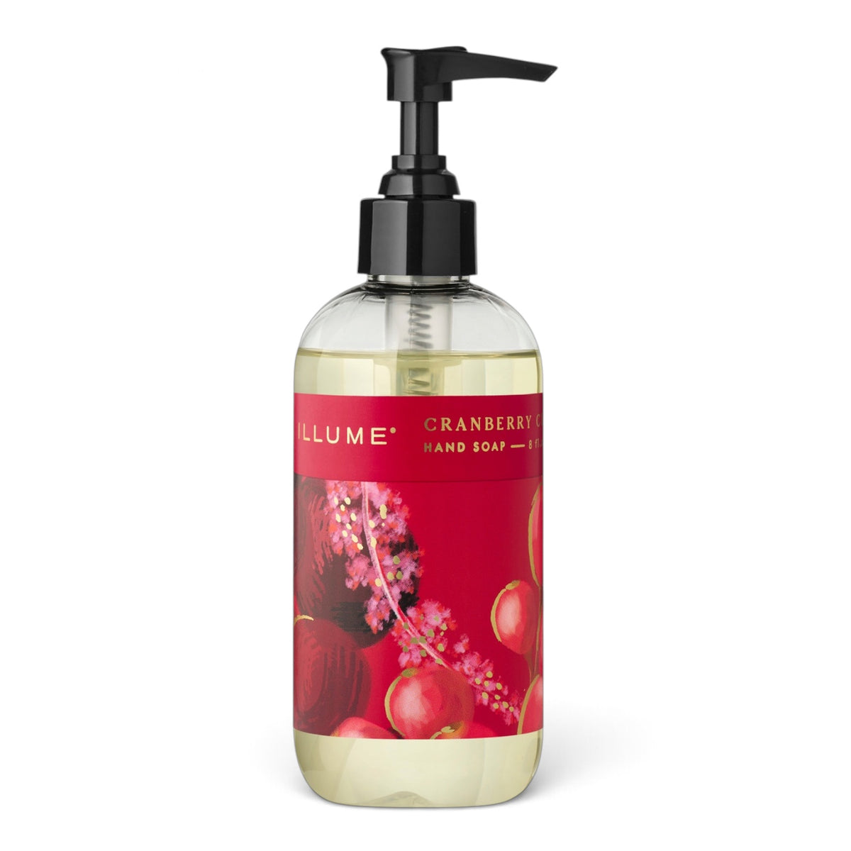  ILLUME Cranberry Currant hand soap in a clear 8 fl oz bottle with a black pump and red botanical label with gold accents