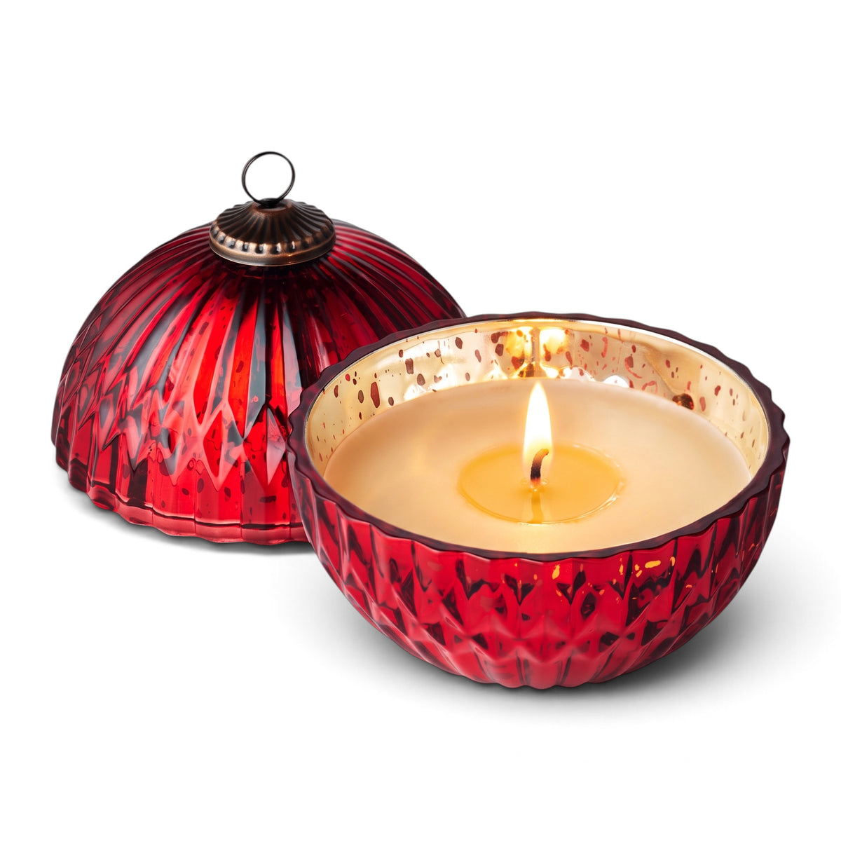 Red textured mercury glass ornament candle with a removable domed lid, antiqued metal cap, and single wick in cream-colored wax