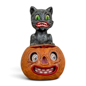 Vintage style black crazy cat with orange jack-o-lantern Halloween candy container