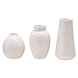 cream embossed basket weave stoneware vase set of three decorative home decor

