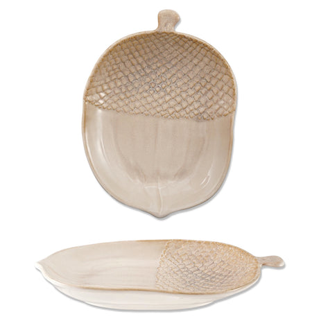 Cream ceramic acorn shaped serving platter with textured reactive glaze
