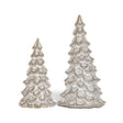 Two cream ceramic Christmas trees in different sizes with sculpted layered branches and a subtly speckled reactive glaze.