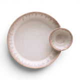 Cream ceramic divided serving dish with reactive glaze for chips, dip, appetizers, and entertaining