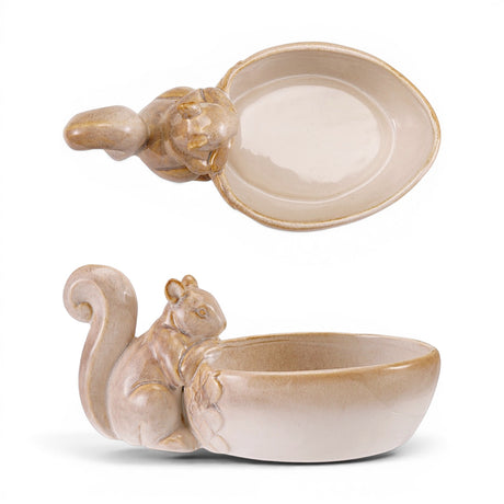 Cream ceramic squirrel serving bowl with reactive glaze and sculpted acorn