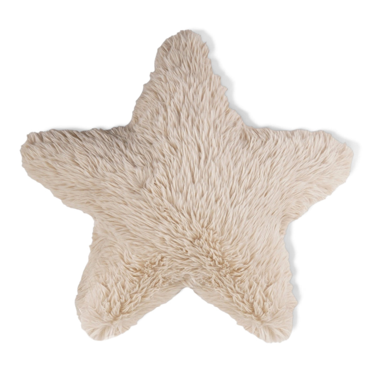 Cream five-point star pillow with long, shaggy faux fur, measuring 18 inches long and wide.