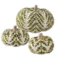 Cream and green foliage knit decorative pumpkins with natural wood stems in three sizes for fall home decor.