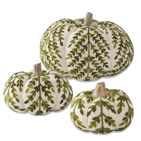 Cream and green foliage knit decorative pumpkins with natural wood stems in three sizes for fall home decor.