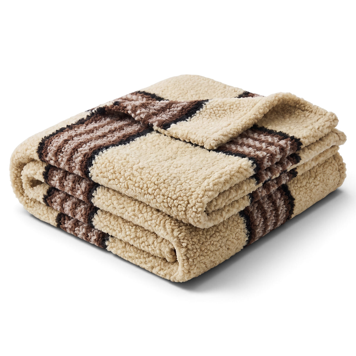 Cream faux sherpa throw blanket with black and grey stripes and a soft textured surface