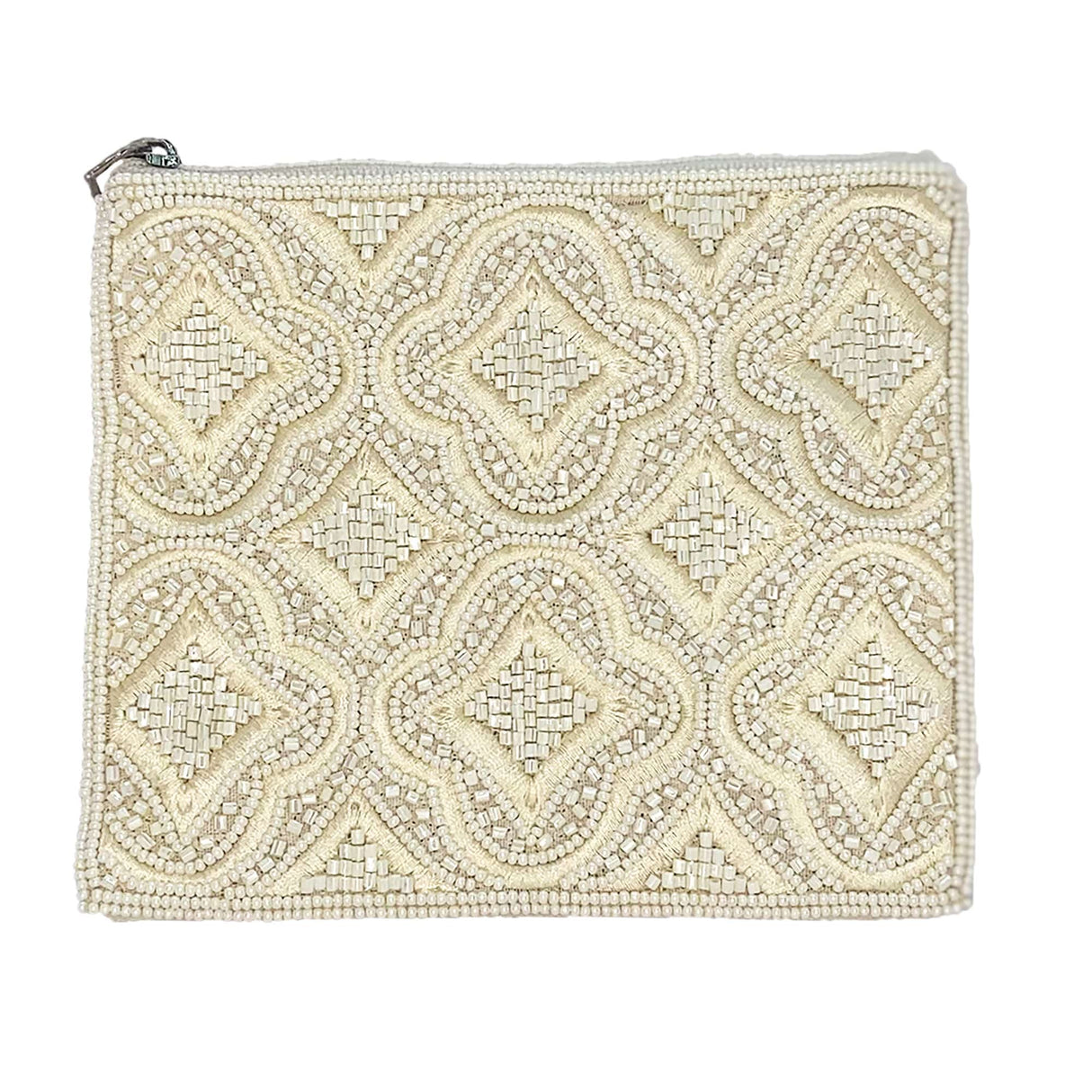 Cream Mosaic Pattern Beaded Coin Pouch with Zipper