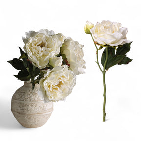 15-inch cream faux peony spray with realistic bloom and leaves, made of plastic and polyester