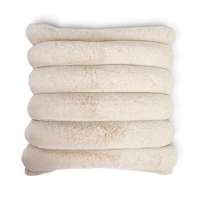 Cream square faux fur pillow with wide horizontal ribbing and a plush textured front.