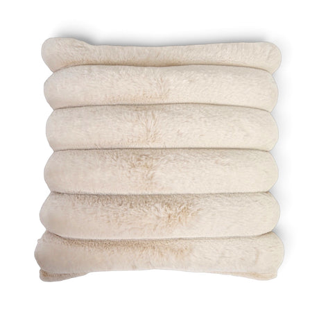 Cream square faux fur pillow with wide horizontal ribbing and a plush textured front.