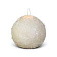 Cream shimmer snowball candle with a rounded body and 3D flame for winter and Christmas decor.