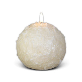 Cream shimmer snowball candle with a rounded body and 3D flame for winter and Christmas decor.