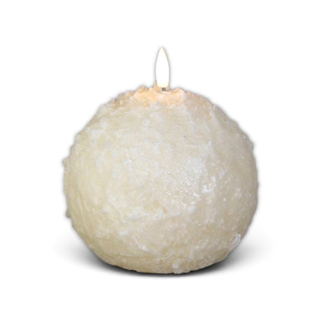 Cream shimmer snowball candle with a rounded body and 3D flame for winter and Christmas decor.