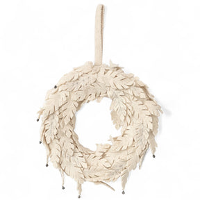 12-inch cream wool felt leaf wreath with metal jingle bells