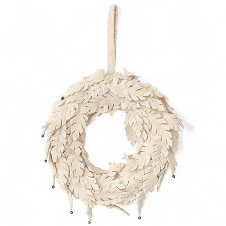 12-inch cream wool felt leaf wreath with metal jingle bells