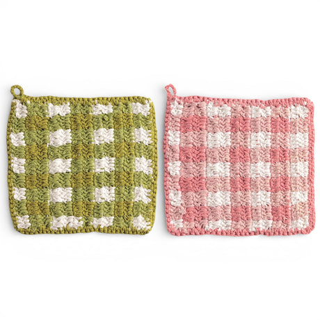 8 inch crochet cotton check pot holder in green or pink