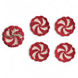 Set of 4 red and natural crocheted candy swirl coasters with scalloped edges tied in jute