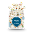 Small cup of Cupcake Bites candy with white vanilla cake batter pieces and rainbow sprinkles, bite-sized candy made in the USA