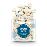 Small cup of Cupcake Bites candy with white vanilla cake batter pieces and rainbow sprinkles, bite-sized candy made in the USA
