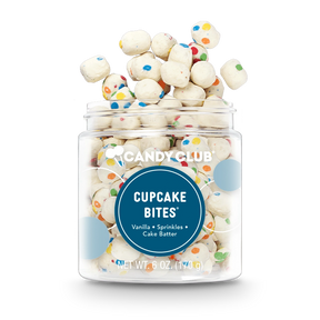 Small cup of Cupcake Bites candy with white vanilla cake batter pieces and rainbow sprinkles, bite-sized candy made in the USA