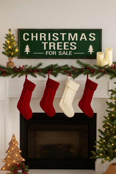 Green Carved Wood Christmas Trees for Sale Sign