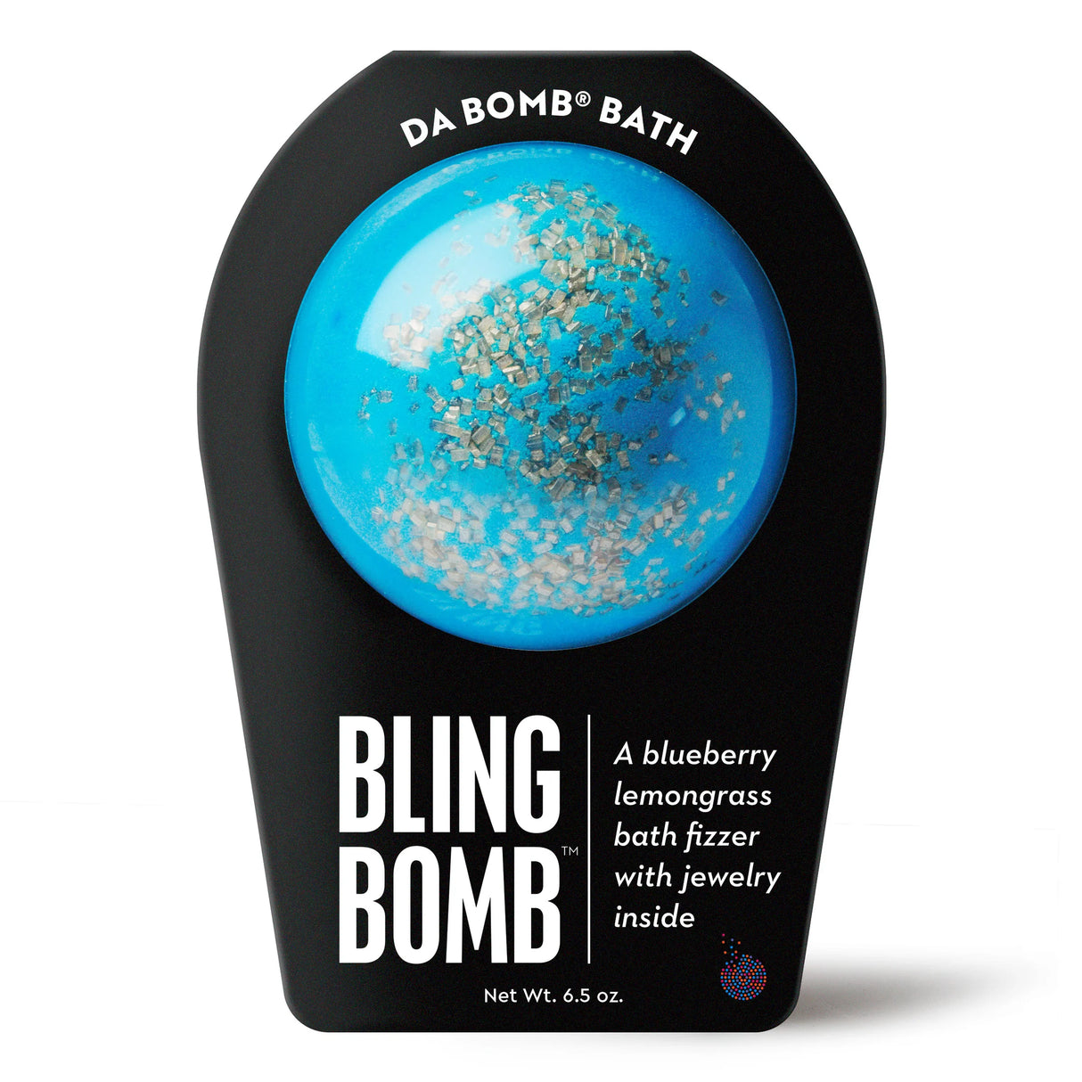 Da Bomb Bling Bomb blue bath fizzer with silver sprinkles, blueberry lemongrass fragrance and a surprise inside