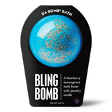 Da Bomb Bling Bomb blue bath fizzer with silver sprinkles, blueberry lemongrass fragrance and a surprise inside
