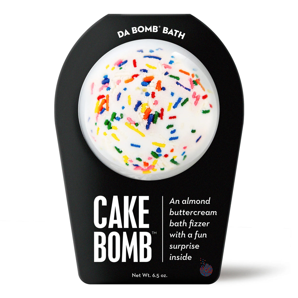 Da Bomb Cake Bomb white bath fizzer with colorful sprinkles, almond buttercream fragrance and a surprise inside
