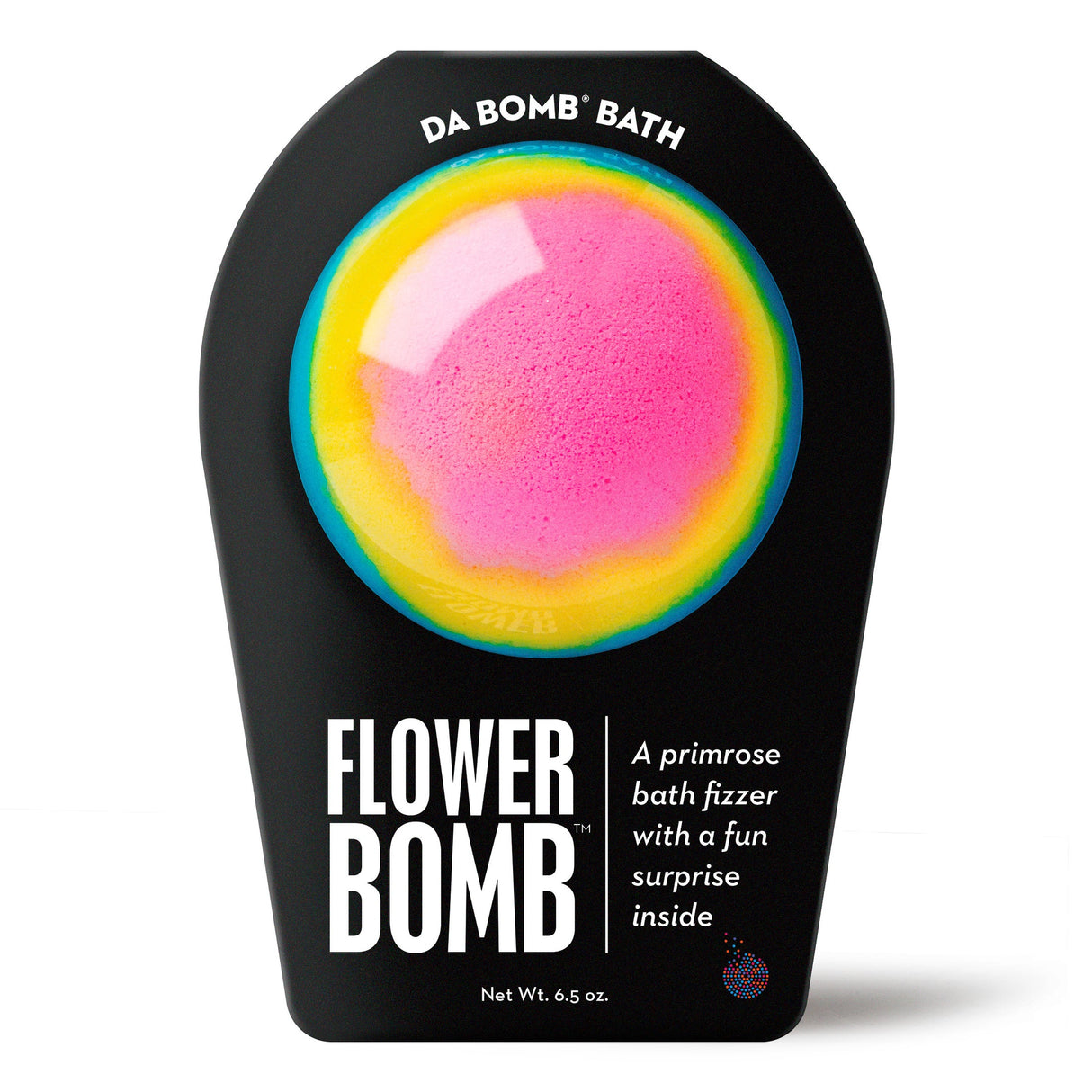 Da Bomb Flower Bomb layered pink, yellow and blue bath fizzer with primrose fragrance and a surprise inside
