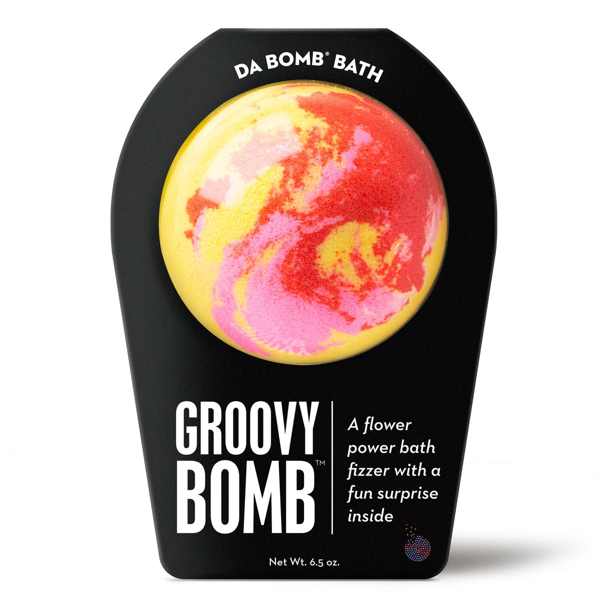 Da Bomb Groovy Bomb yellow bath fizzer with pink and red swirls, Flower Power fragrance and a surprise inside