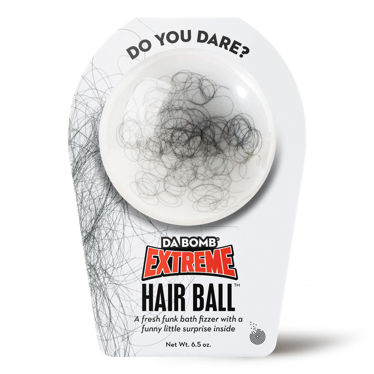 Da Bomb Hair Ball Extreme white prank bath bomb embedded with black synthetic hair and a surprise inside