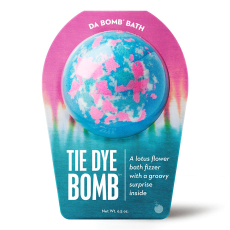 Da Bomb Tie Dye Blue bath fizzer with pink spots, lotus flower fragrance and a surprise inside