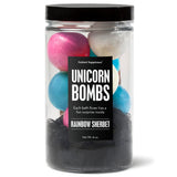 Da Bomb Unicorn Bombs jar with eight colorful rainbow sherbet mini bath bombs, hidden surprises and black loofah
