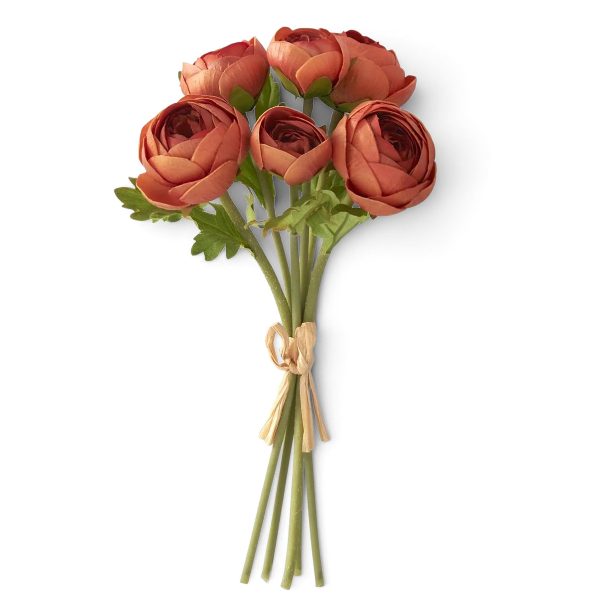 10.75-inch dark orange real touch ranunculus flower bundle with layered blooms, green stems, and raffia tie