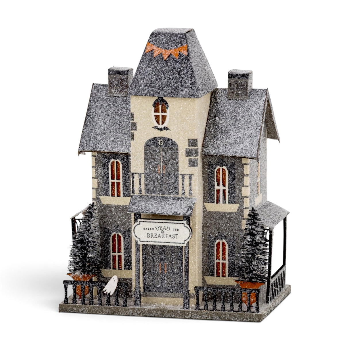 Lighted Dead and Breakfast Halloween village house with ghost accents, glitter finish, and spooky miniature details