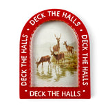 Red arched ceramic photo frame with raised white Deck the Halls lettering and a wavy gold-toned inner border surrounding a deer illustration