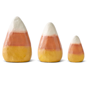 Decorative candy corn pieces in three graduated sizes with distressed white, orange, and yellow finishes